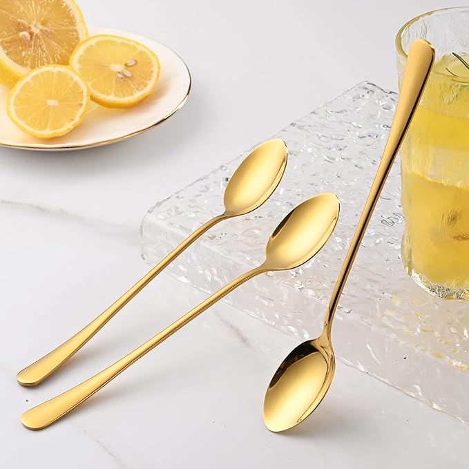 Gold 7.5 Inch Gold Iced Tea Spoons,Set Of 8 Stainless Steel Long Coffee Spoons,Long Handle Stirring Spoon For Dessert,Coctails,Ice Cream,Milk,Iced Teaspoons For Bar