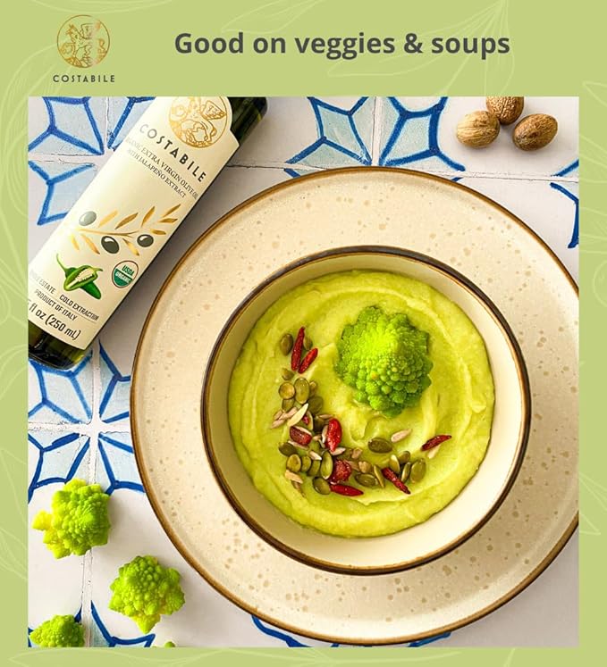 Jalapeño Olive Oil. Spicy, Flavorful, Hot Extra Virgin Olive Oil Infused with Organic Jalapeño. Ideal hot dressing for Pizza, Cooking & Popcorn - COSTABILE 8.45 Fl. OZ.