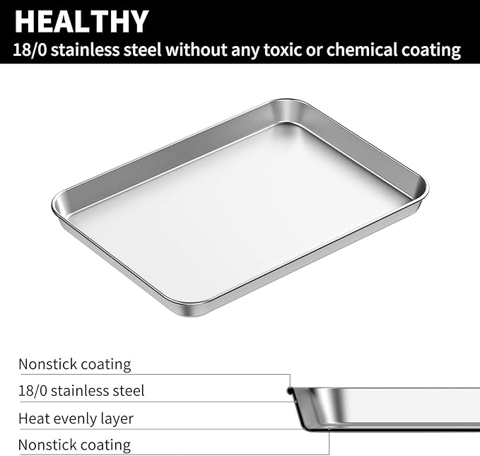Baking Sheets Set of 2, Bastwe Stainless Steel Baking Pan Tray Cookie Sheet, Size 10 x 8 x 1 inch, Non Toxic & Healthy, Rust Free & Easy Clean