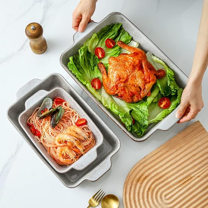 KOOV Bakeware Set, Ceramic Baking Dish Set, Rectangular Casserole Dish Set, lasagna Pan, Baking Pans Set for Cooking, Cake Dinner, Kitchen, 9 x 13 Inches, Reactive Glaze 3-Piece (Variable Grey)