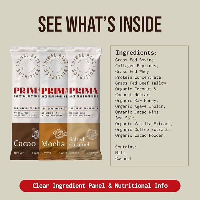 PRIMA ANCESTRAL PROTEIN BAR Grass Fed Protein Bars, 7 Pack ??Animal-Based Protein Bar with Beef Tallow, Raw Honey, Seed Oil Free, Low Carb, Gluten-Free ??Healthy, Energy Snacks for Clean Lifestyle (7 Pack, Variety Pack)