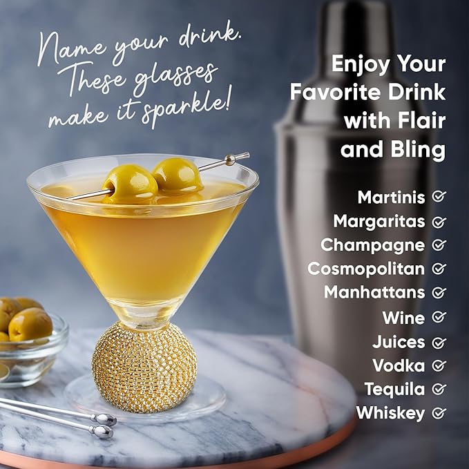 GEMELLO Gemezzi Stemless Martini Glasses Set of 2, Gold Stemless Cocktail Glass, Crystal Ball Base in Elegant Box, Perfect Bar Accessories for Margarita, Manhattan, Cosmos, Mixed Drinks, and Desserts