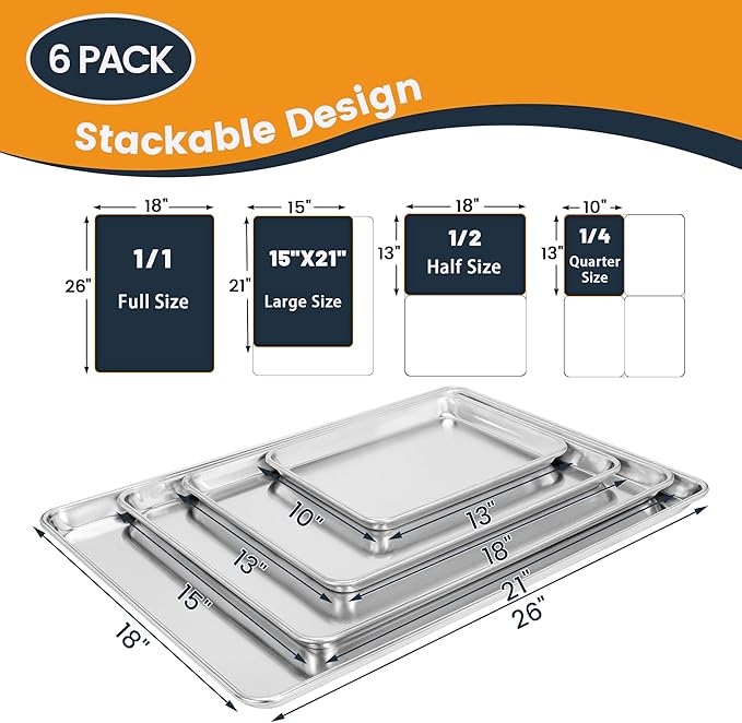 6 Pack Full Size Baking Sheet Pan, Aluminum Commercial Cookie Sheet Pan, Durable & Anti-Stick 26?쓝 18??,<div>