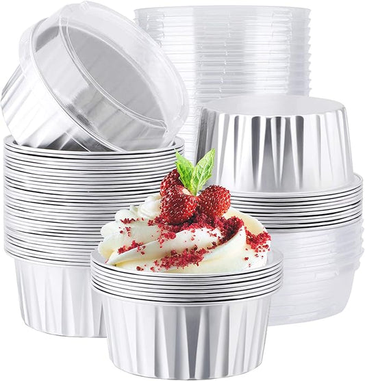 EUSOAR Muffin Cupcake Liners for Baking, 50pcs 5oz 125ml Disposable Ramekins, Aluminum Foil Muffin Liners Cups with Lids, Disposable Aluminum Foil Cupcake Baking Cups Holders Cases Boxes Pans with Lid