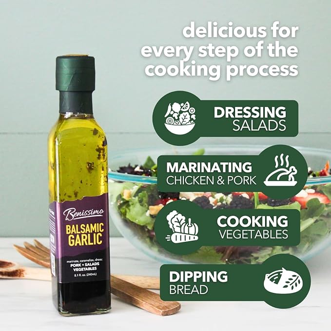 Benissimo Balsamic Garlic Herb Infused Oil & Vinegar Blend, All Natural Gourmet Blend with Bold Balsamic, Roasted Garlic, and Hand-Selected Herbs, Ideal for Drizzling, 8.1 fl oz