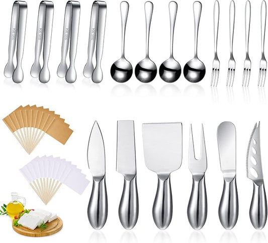 Patelai Charcuterie Board Accessories Cheese Spreader Knife Set Charcuterie Utensils Butter Knife Stainless Steel Mini Serving Tongs Spoons Appetizer Forks for Pastry Christmas(Silver,18 Pieces)