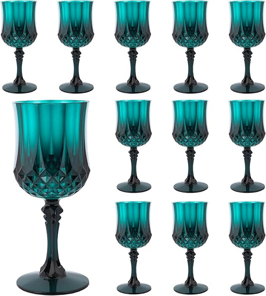 Plastic Wine Glasses，Plastic Goblets Vintage Style Cordial Drinking Glasses for Wedding Reception, Christmas Grand Event Party Supplies (12, Green)