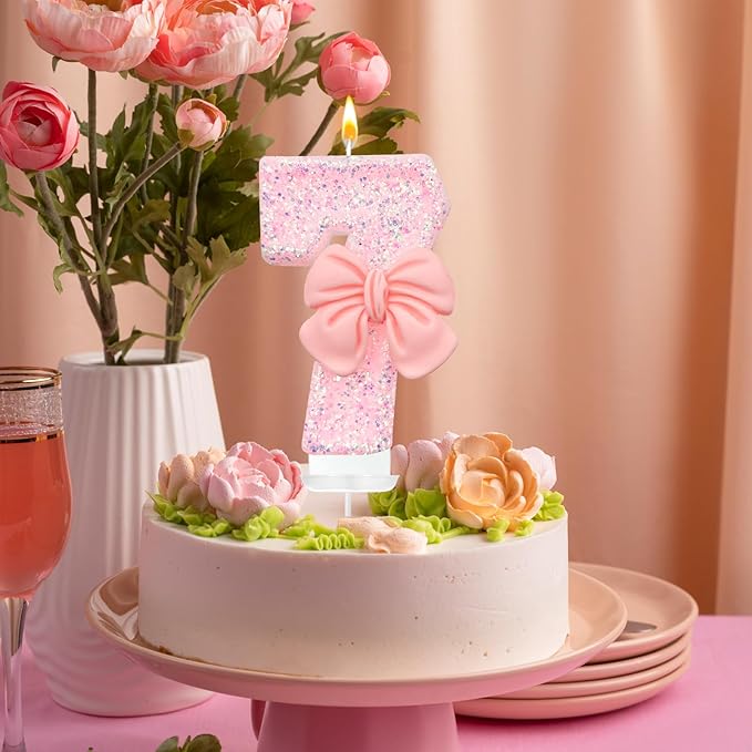 Pink Glitter Bow Birthday Candles, 7 Pack (0-9 Numbers, Eco-Friendly, Smokeless)