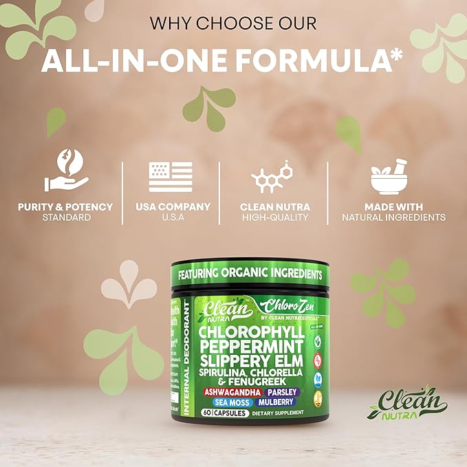Clean Nutra Chlorophyll Peppermint Slippery Elm Spirulina Chlorella Fenugreek Ashwagandha Sea Moss Supplement ??Ph Balance for Women Detox Internal Deodorant Supplements + Prebiotics 60 Vegan Capsules