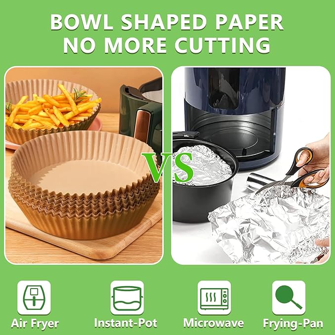 200PCS Air Fryer Liners Disposable: Round 7.9 Inch Non-Stick Airfryer Paper Liners - Food Grade Parchment Paper for 5 6 7 8 QT Air Fryer Baking and Roasting - Waterproof and OilProof (10 Inch on Top)