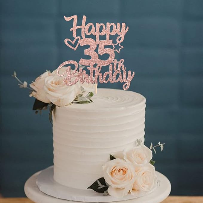 1 Pack Happy 35th Birthday Cake Topper Glitter Heart Star 35 Fabulous Cake Pick Birthday Sign Cake Decorations for Children 35th Birthday Theme Party Supplies Rose Gold