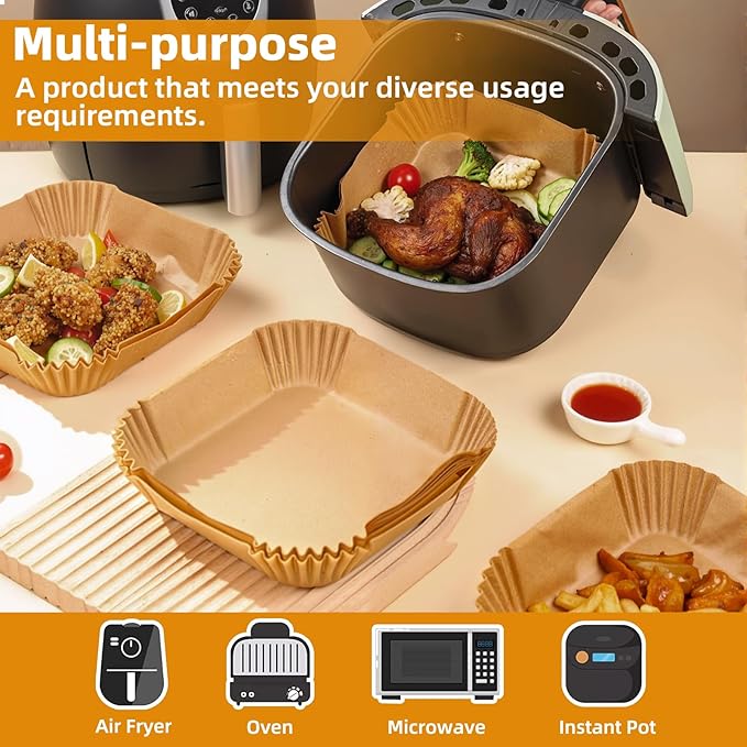 Air Fryer Paper Liners for 3-6 Qt, 7.1 x 7.1 inch Thickened Square Disposable Parchment Liner compatible with Ninja AF141/Chefman/Instant Pot/Cosori Airfryers