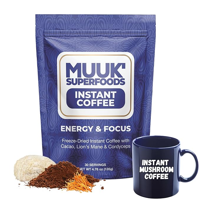 MUUK' SUPERFOODS | Energy & Focus Mushroom Coffee | Organic Freeze-Dried Instant Coffee with Cacao, Cordyceps & Lion’s Mane Mushroom Powder | 4.7oz (135g) 30 Servings