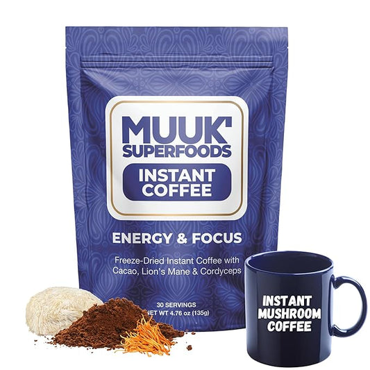 MUUK' SUPERFOODS | Energy & Focus Mushroom Coffee | Organic Freeze-Dried Instant Coffee with Cacao, Cordyceps & Lion’s Mane Mushroom Powder | 4.7oz (135g) 30 Servings