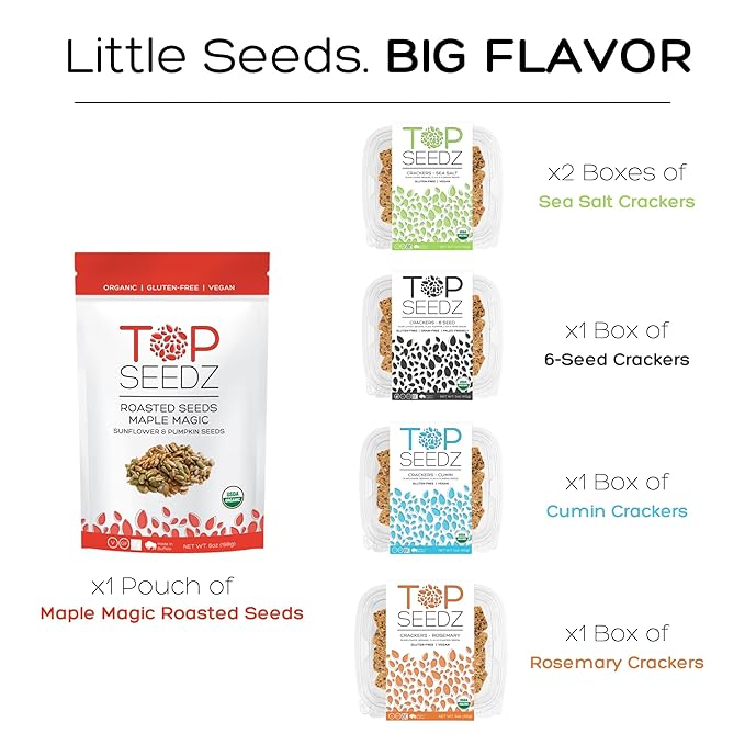 Top Seedz Deluxe Organic Gluten Free Vegan Seed Crackers and Roasted Seeds Bundle | 1 Pouch of Maple Magic Roasted Seeds | 5 Packs of Mixed Crackers