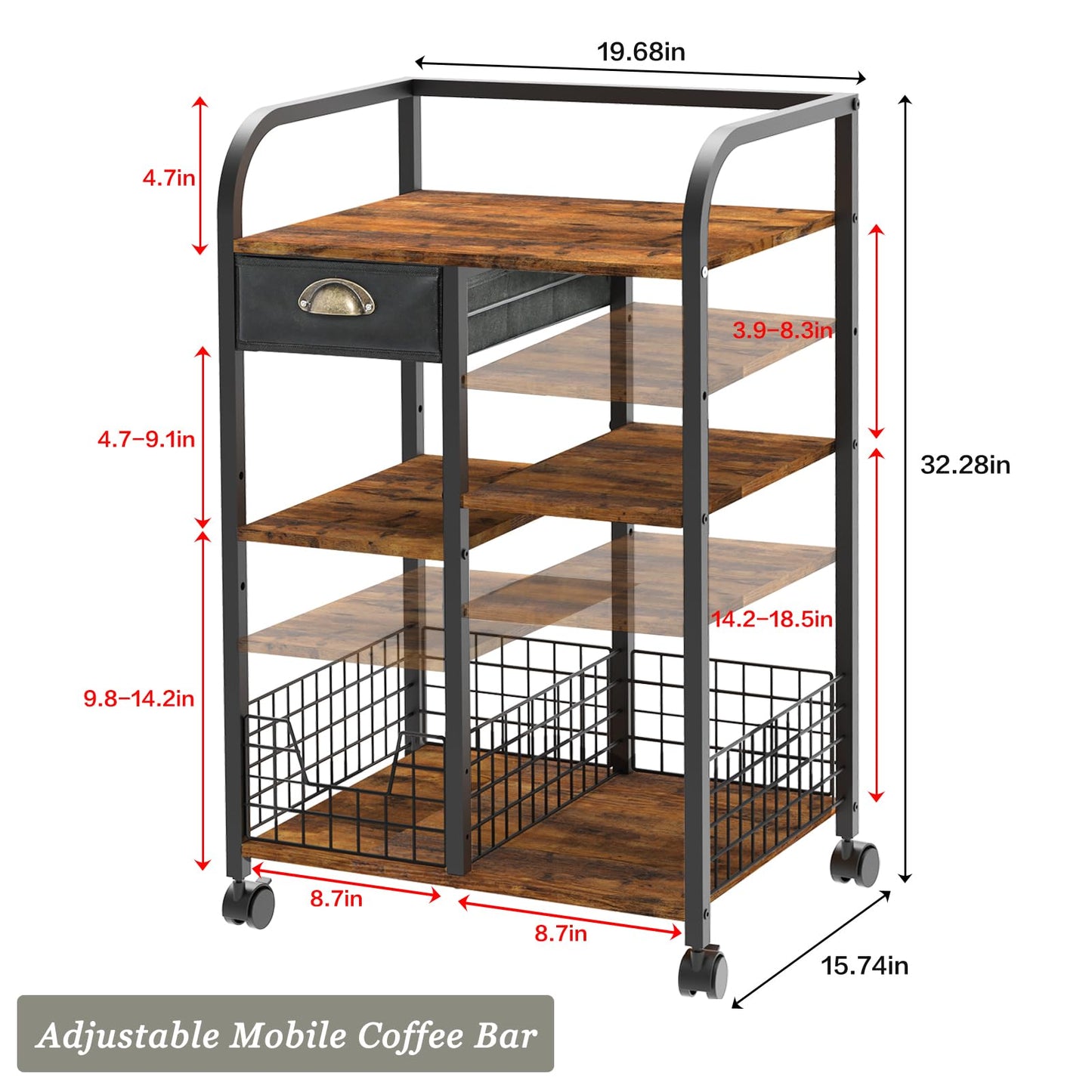 keomaisyto Coffee Cart with Storage Drawer, Coffee Bar Cabinet with Wheels, 4-Tier Adjustable