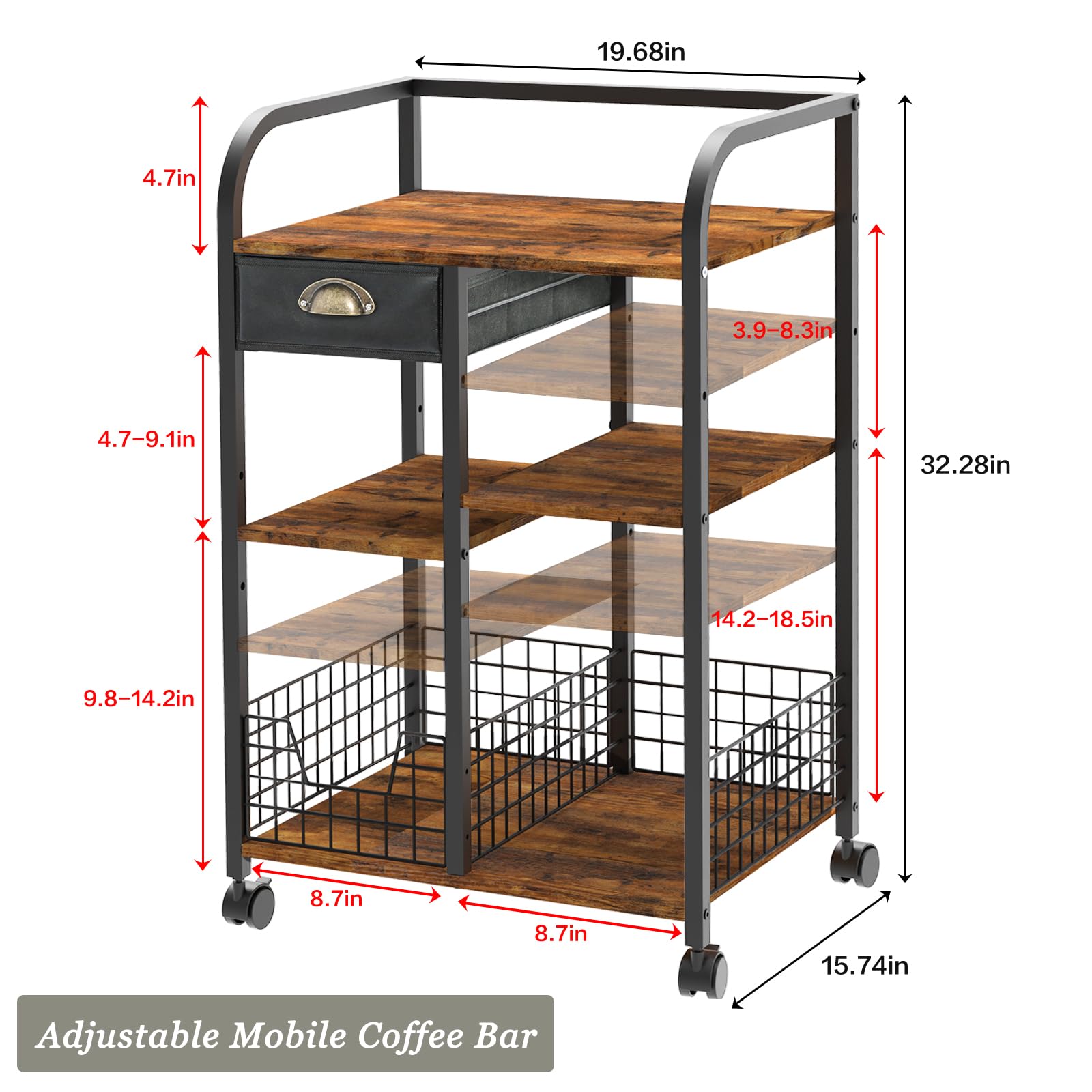 keomaisyto Coffee Cart with Storage Drawer, Coffee Bar Cabinet with Wheels, 4-Tier Adjustable