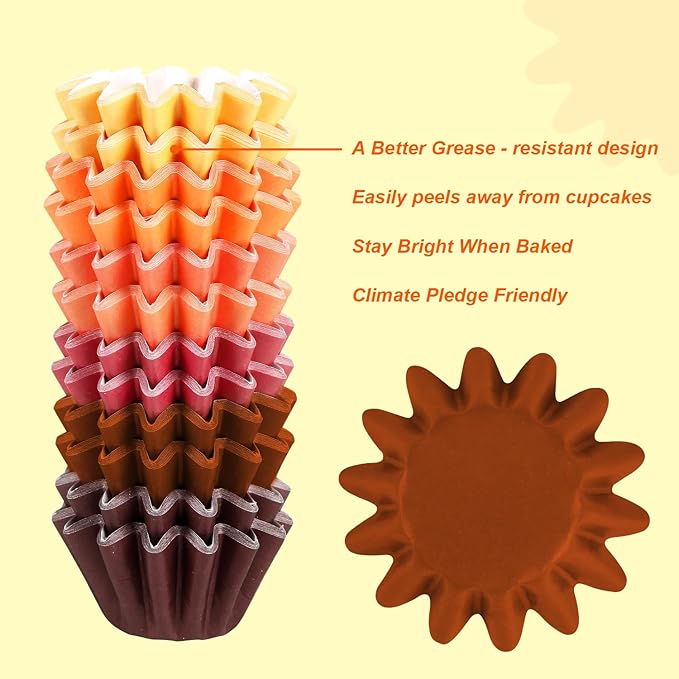 Quera 300Pcs Fall Grease-Resistant Mini Cupcake Liners Yellow Orange Wedding Muffin Baking Cups Baby Shower Cupcake Wrappers for Wedding Birthday Holiday Party or Baby Shower(1.18 x 1.18 in)