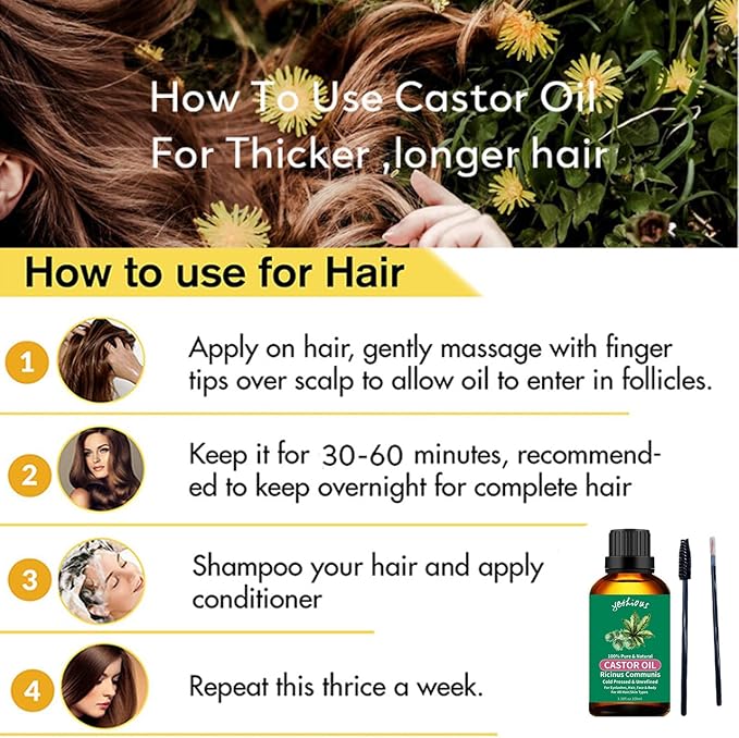 yethious Castor Oil Organic Cold Pressed Unrefined Growth for Eyelashes, Eyebrows, Hair. Skin Moisturizer & Hair Treatment Starter Kit