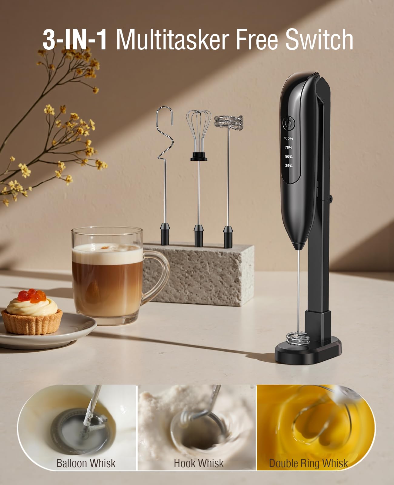 yidianideals Electric Milk Frother: LED&Wireless Charging, 3 Heads 3 Speeds