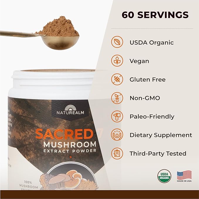 Sacred 7 Organic Mushroom Supplement ??100% Fruiting Body Extract Powder with Lions Mane, Reishi, Chaga & More | Nootropic & Immune Support for Coffee, Tea, Smoothies ??60 Servings