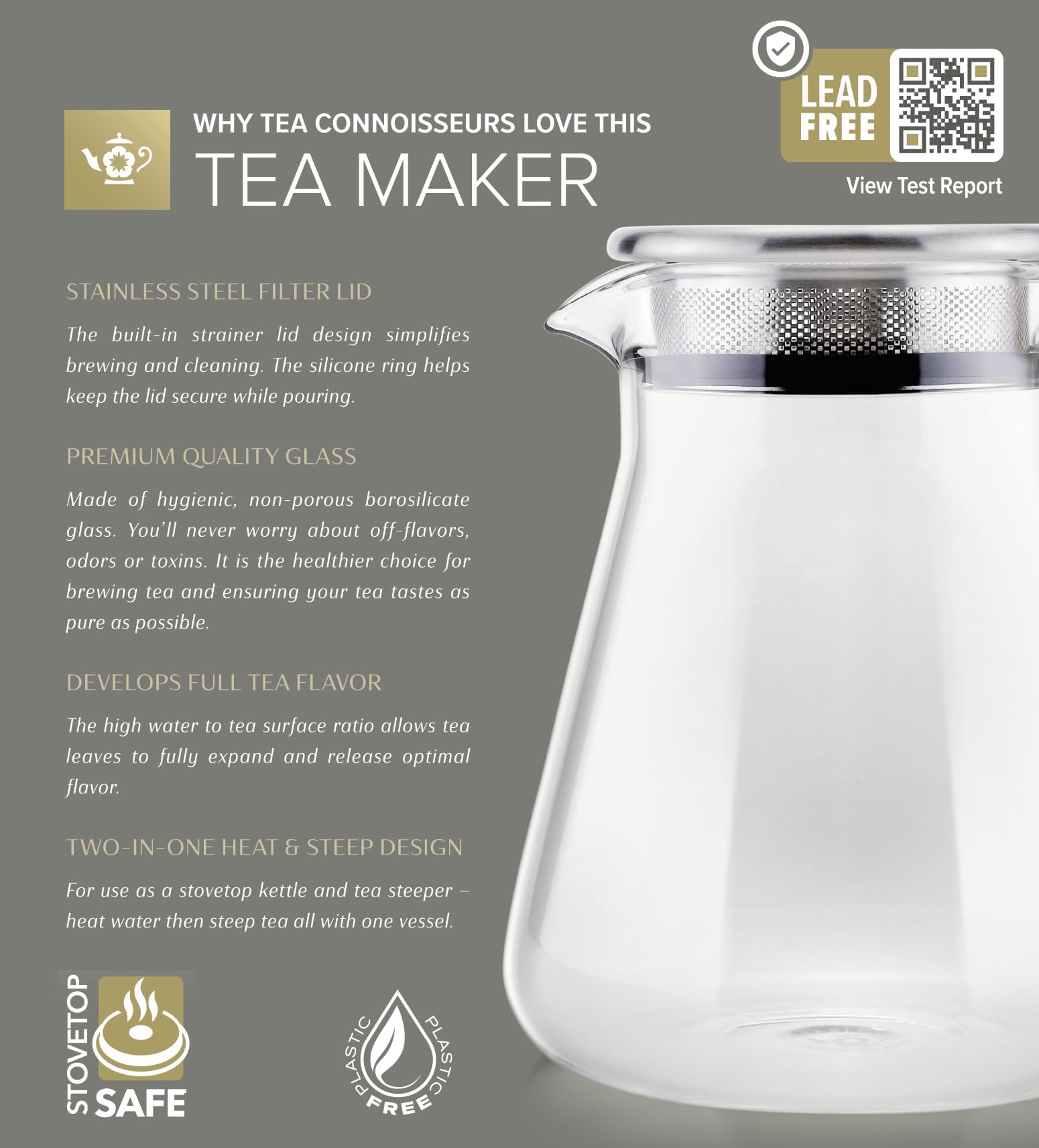 Teabloom One-Touch Tea Maker, 2-in-1 Teapot and Kettle with Stainless Steel Filter Lid for Loose