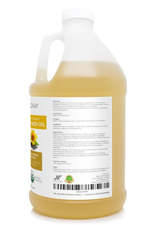 velona USDA Certified Organic Sunflower Oil - 64 Fl Oz | 100% Pure and Natural Carrier Oil | High Oleic, Refined| Cooking, Skin, Hair, Body & Face Moisturizing