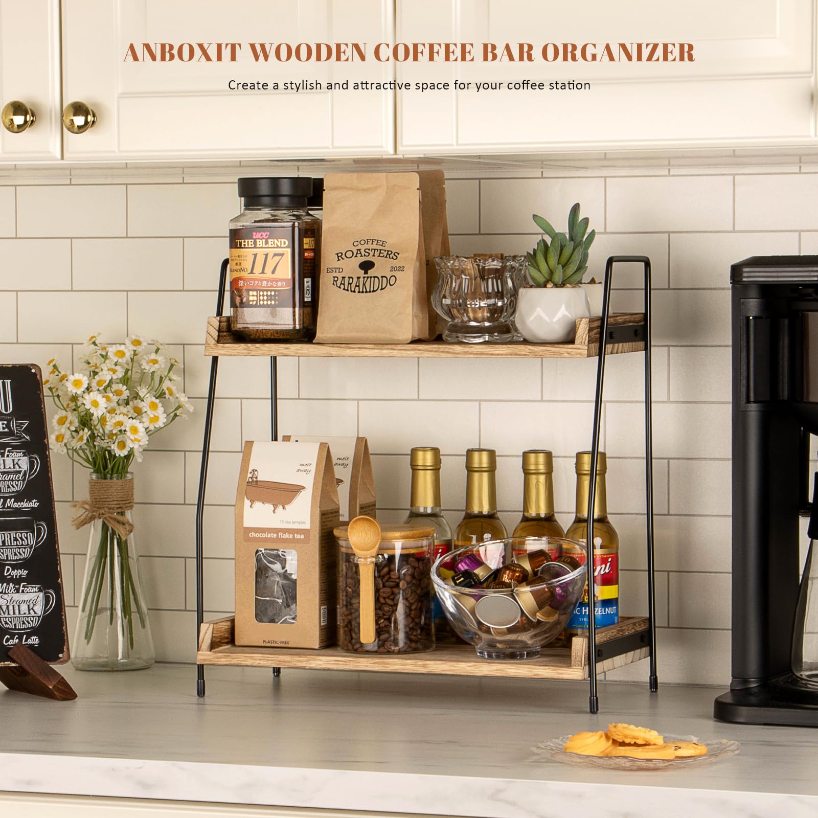 ANBOXIT Countertop Coffee Station Organizer, 2 Tier Wooden Shelf