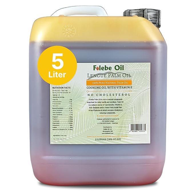 Folebe Oil 5L 100% Pure Natural Red Palm Oil ??Authentic Cameroonian Palm Oil for Cooking ??Cold-Pressed from Palm Pulp ??Rich in Nutrients, Carotenoids, Natural Vitamin E