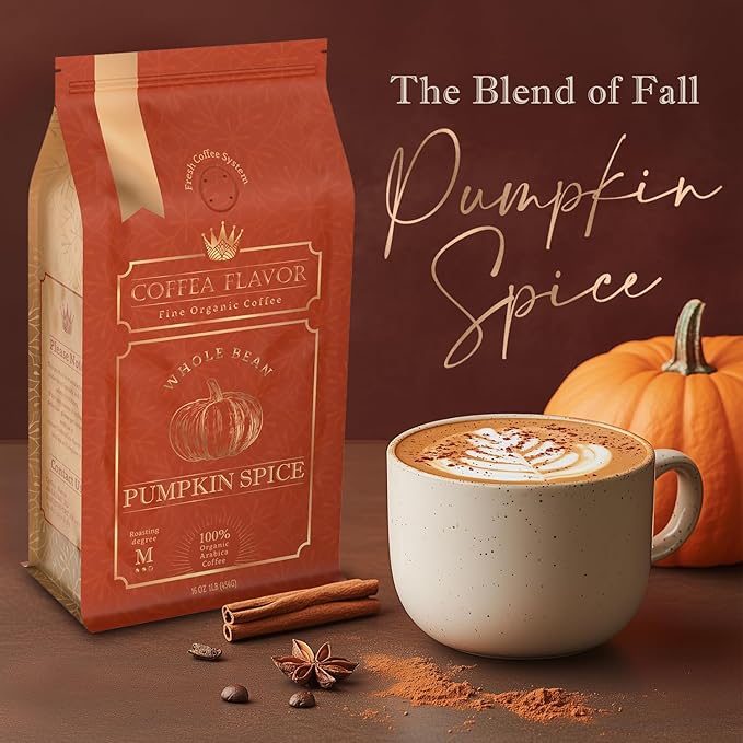 Pumpkin Spice Flavored Whole Bean Coffee ??Gourmet 100% Organic Arabica, Single Origin, Medium Roast, Autumn Inspired, Naturally Sweetened ??by Coffea Flavor
