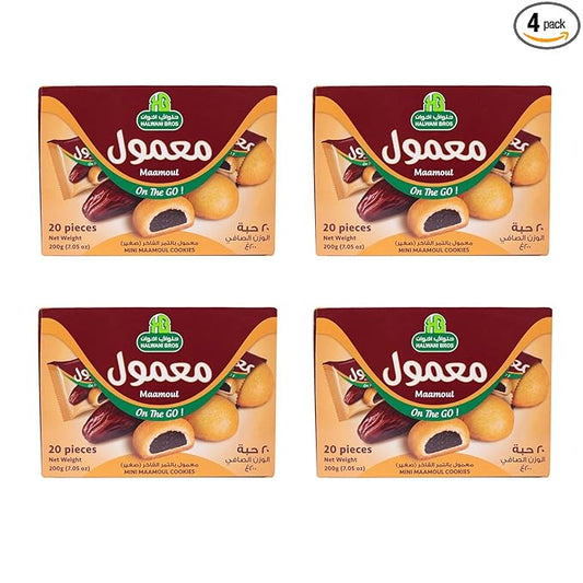 HB Halwani Bros Mini Maamoul Cookies, Assorted Date Filled Round Shortbread Cookies, 100% All Natural, No Additives, No Preservatives, 20 Individually Wrapped Cookies (Pack of 4)