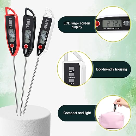 3 Set Waterproof Food Thermometer for Water, Liquid, Candle and Cooking Digital Meat Thermometer with Long Probe Instant Read for Kitchen BBQ Grill Candy (Black,White,Red)