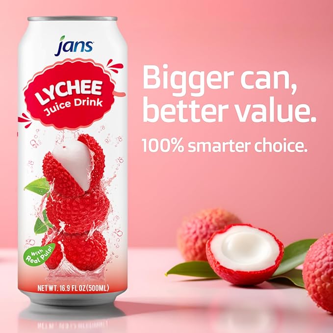 Jans Tropical Lychee Juice Drink with 100% Real Lychee Jelly (12-Pack,16.9 Fl Oz Canned) - Superior Hydration & Delicious Cold Beverage for the Hot Summer