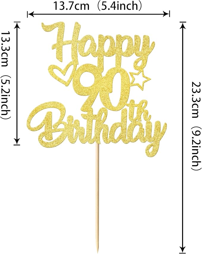 1 Pack Happy 90th Birthday Cake Topper Glitter Heart Star 90 Fabulous Cake Pick Birthday Sign Cake Decorations for Children 90th Birthday Theme Party Supplies Gold