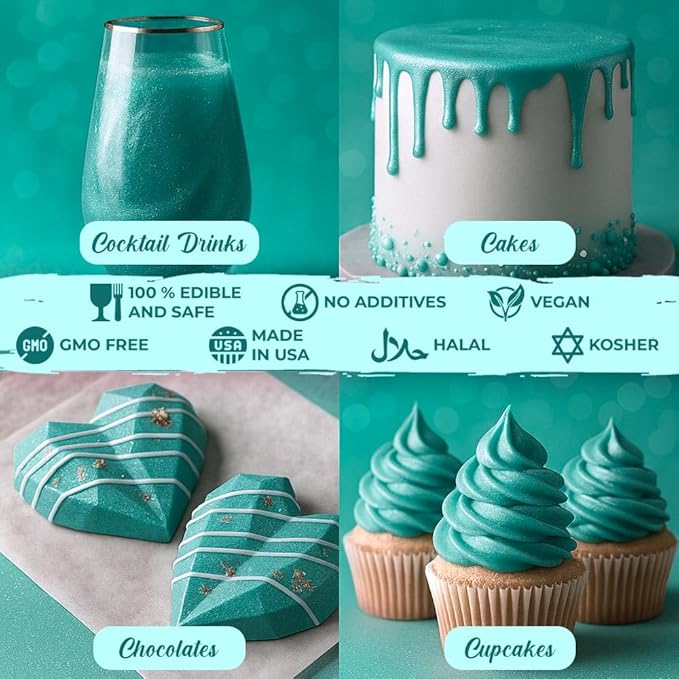 Bulk (20g) Luster Dust Edible Cake Decorations, Teal Edible Dust for Cake Edible Luster Dust for Cupcake Decorations, Cake Drip, Teal Edible Paint for Cakes, Edible Shimmer Dust for Drinks