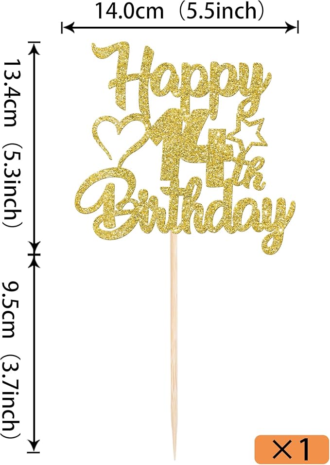 1 Pack Happy 14th Birthday Cake Topper Glitter Heart Star 14 Fabulous Cake Pick Birthday Sign Cake Decorations for 14th Birthday Theme Party Supplies Gold