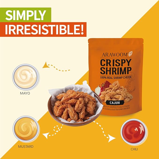 ARAWOOM - 100% Real Black Tiger Shrimp Head Crisps, Cajun Pack [16oz, Pack of 1], Crispy Seafood Snack, High-Protein Crunch, Crunchy On-the-Go Treat