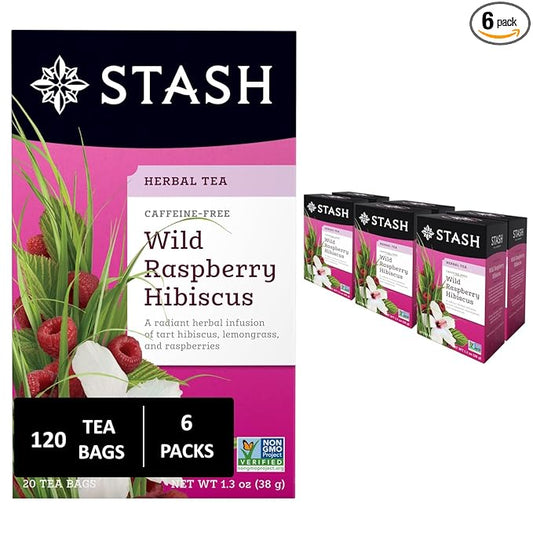Stash Tea Wild Raspberry Hibiscus Herbal Tea - Naturally Caffeine Free, Non-GMO Project Verified Premium Tea with No Artificial Ingredients, 20 Count (Pack of 6) - 120 Bags Total
