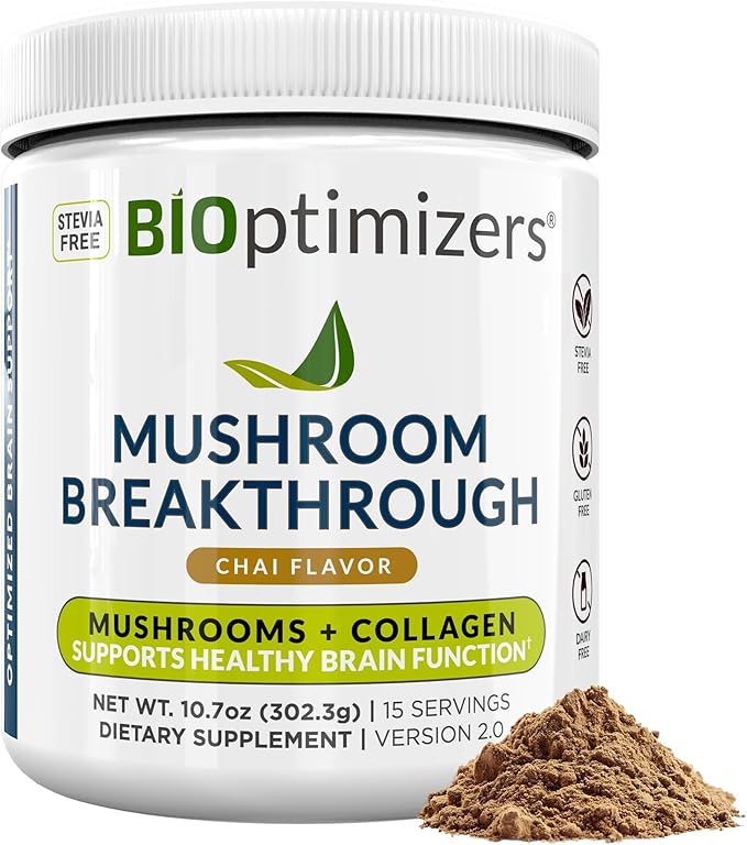 BIOptimizers Mushroom Coffee Alternative ??Chai Drink ??Lion?™s Mane, Chaga, Reishi + Collagen Peptides for Focus, Energy & Gut Health ??Adaptogenic Mushrooms & MCT Powder ??15 Servings