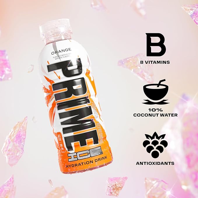 PRIME Hydration ICE ORANGE, Sports Drinks, Electrolyte Enhanced for Ultimate Hydration, 250mg BCAAs, B Vitamins, Antioxidants, Low Sugar, 16.9 Fl Oz, 12 Pack