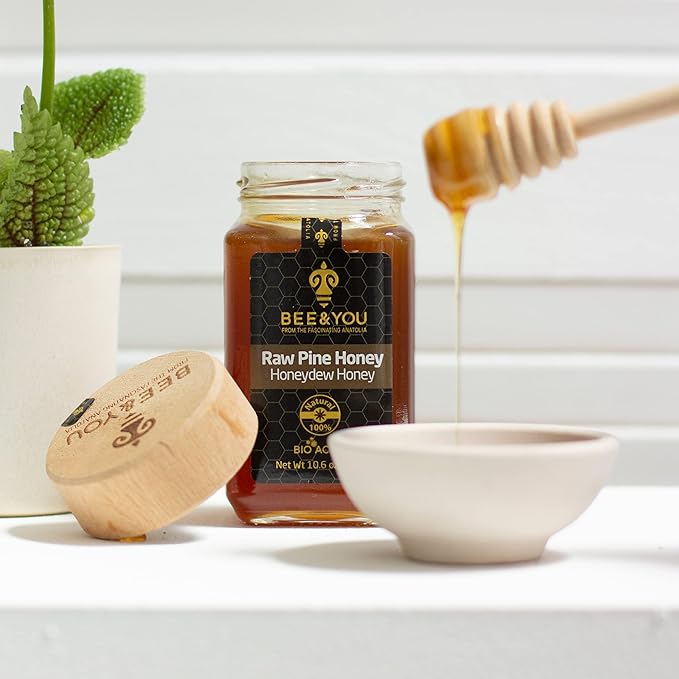 BEE and YOU Pine Raw Honey, Honeydew Honey, Wild-crafted, 100% Natural, Unprocessed, Enzymes, Antioxidants, Manuka Honey Alternative, Paleo, Gluten-Free (10.6 oz)