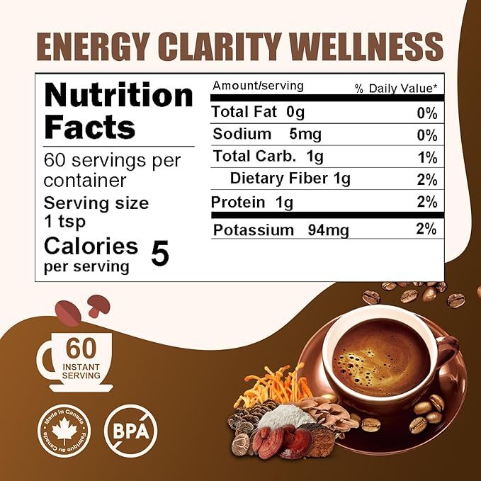 Grelim Mushroom Coffee with 7 Superfood Mushrooms, Great Tasting Arabica Instant Coffee 4.23 Oz