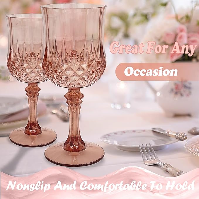 24 PCS Rose Gold Plastic Wine Glasses,Reusable Plastic Wine Glasses,Rose Gold Goblet Glass,Durable and Sturdy Cups Can Be Used for Various Parties Such as Weddings!