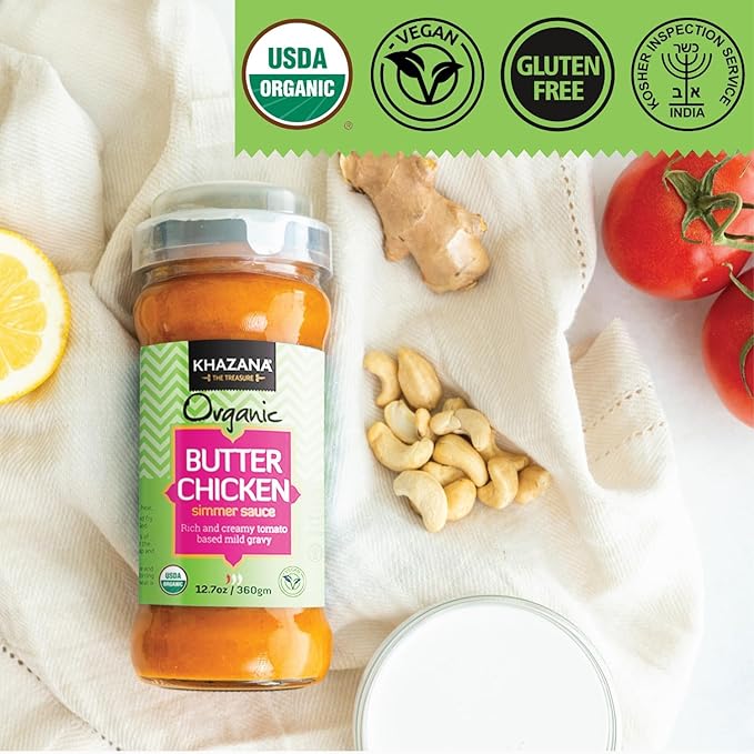 Khazana ORGANIC Butter Chicken Simmer Sauce - 6 x 12.7oz Jars | Non-GMO, Vegan, Gluten-Free, Kosher | Authentic Indian Meals Made Easy at Home!