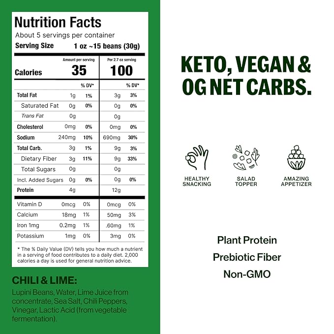 BRAMI Lupini Beans Snack, Chili & Lime | 7g Plant Protein, 0g Net Carbs | Vegan, Vegetarian, Keto, Plant Based, Mediterranean Diet, Non Perishable | 5.3 Ounce (Pack of 8)