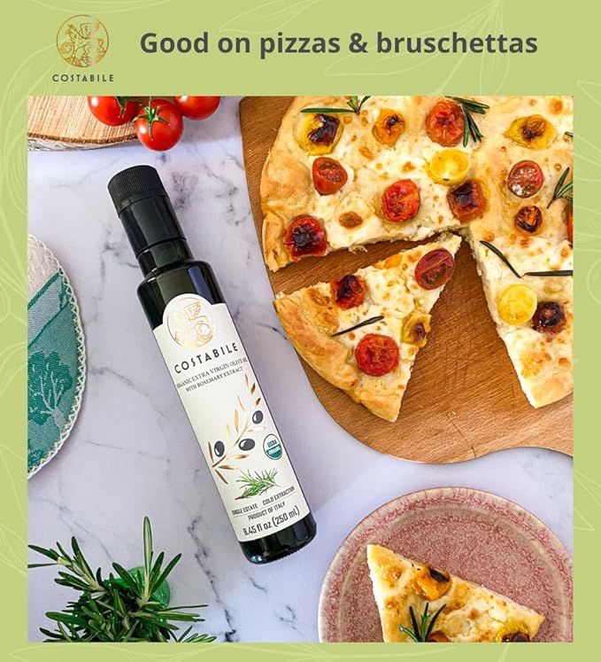 Rosemary Olive Oil - Extra Virgin, Organic Rosemary Oil Cold Pressed from Puglia, Italy - Ideal for Cooking, Dressing, Marinades, Veggies - COSTABILE 8.45 Fl. Oz.