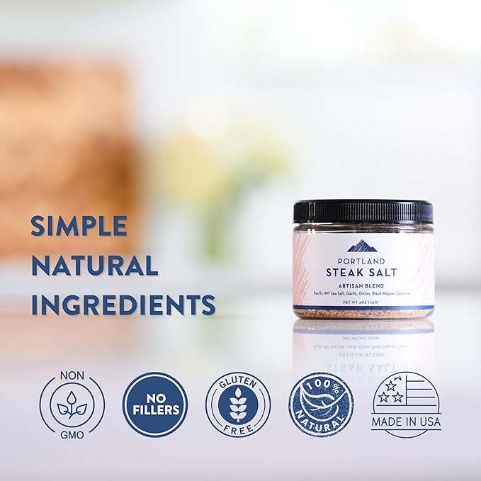 Portland Salt Co. Steak Salt & Spice Blend ??SPG Seasoning - Savory Mix of Sea Salt, Pepper & Garlic - Signature All-Purpose Gourmet Rub - Non-GMO, 4 Oz (Pack of 1)