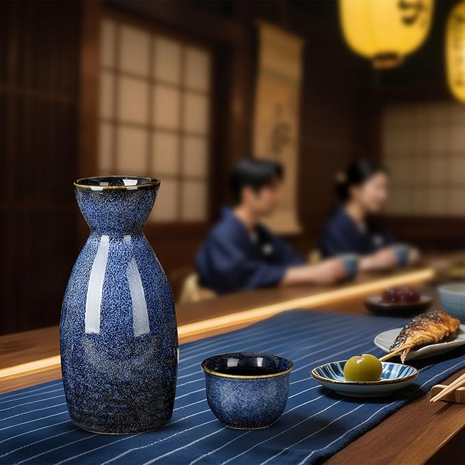 DUJUST 5 pcs Japanese Sake Set, Kiln Altered Glaze Porcelain Sake Set, 1 Bottle, 4 Cups & 1 Gift Box, Warm Carafe, Special Japanese Gift Set - darkblue