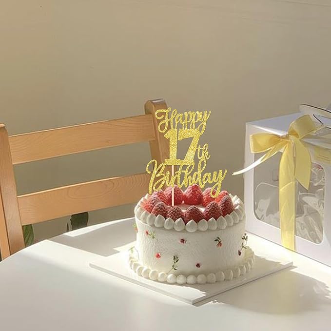 1 PCS Happy 17th Birthday Cake Topper Glitter Cheers to 17 Years Birthday Cake Pick Seventeen Hello 17 Cake Decoration for Happy 17th Birthday Anniversary Theme Party Decorations Supplies Gold