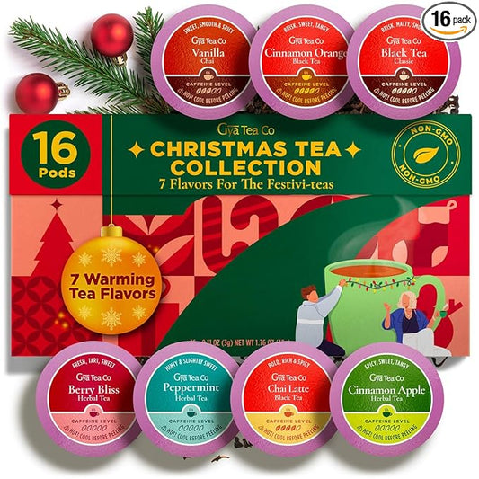 Gya Tea Co Christmas Collection Tea Gift Set (16 ct) - Assorted Tea Pod Variety Pack with 7 Warm Flavors with Vanilla Chai, Peppermint, Berry Bliss, black, Cinnamon apple & Orange